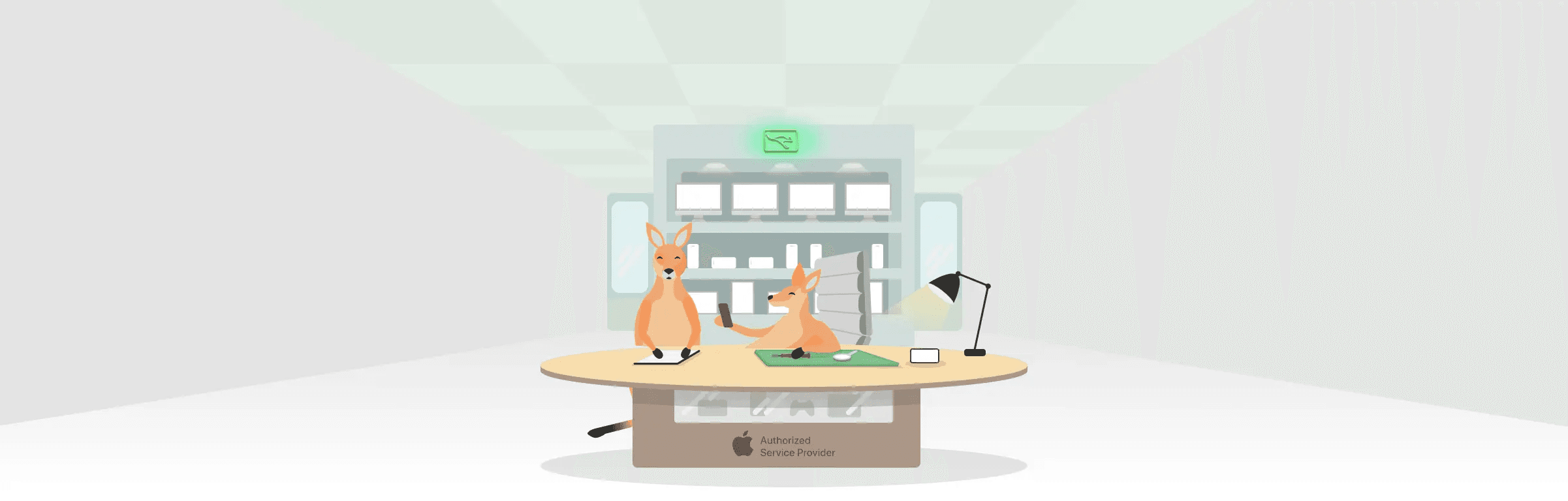 A big illustration of a mobilekangaroo store with two kangaroos repairing multiple devices.