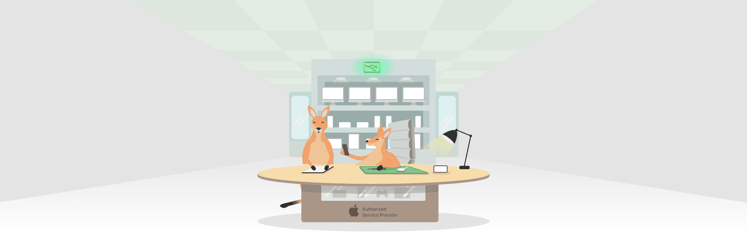 A big illustration of a mobilekangaroo store with two kangaroos standing at the counter, repairing multiple devices. On the left side, a standing kangaroo is welcoming customers, while on the right side, a seated kangaroo is repairing a mobile device. In front of them stands a maple oval table with an Apple logo and an 'Authorized Service Provider' sign.