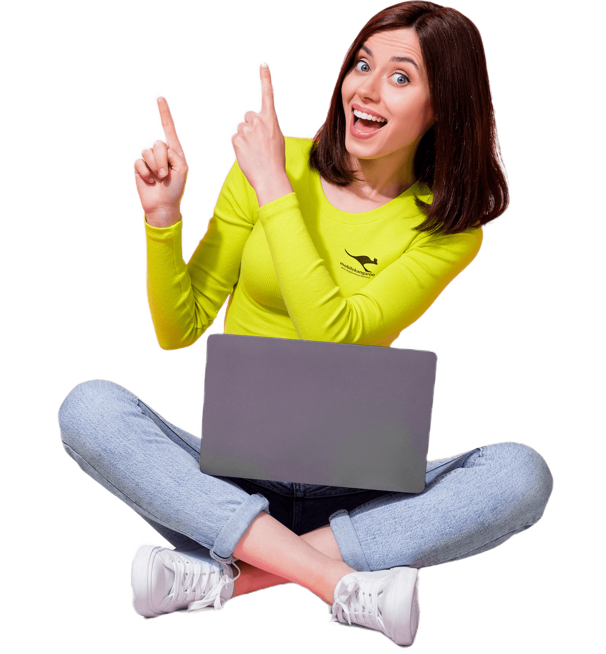 Woman wearing a mobileKangaroo shirt, using a laptop and pointing upwards with both hands to a text that says TEXT (855) FIX-THAT